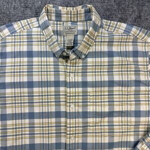 LL Bean Shirt Mens Large Tall Blue Plaid Stretch Oxford Shirt Untucked Fit